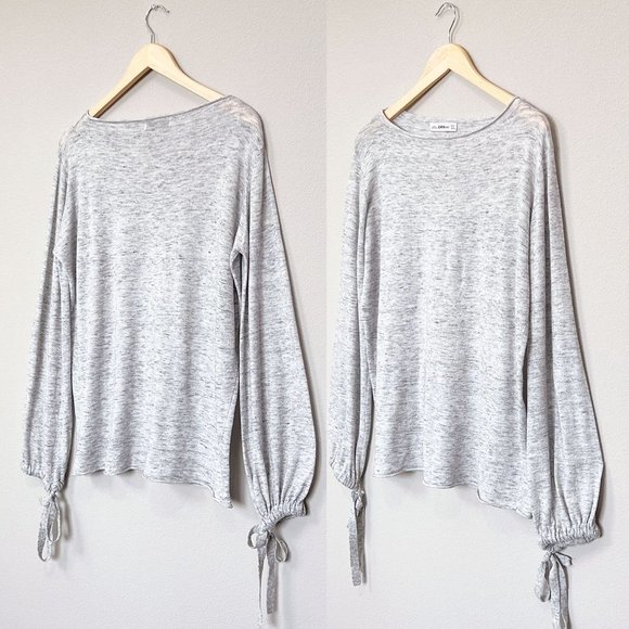 Zara Heather Gray Long Bow Tie Strap Cuff Balloon Sleeves Light Weight Sweater S - Picture 9 of 11